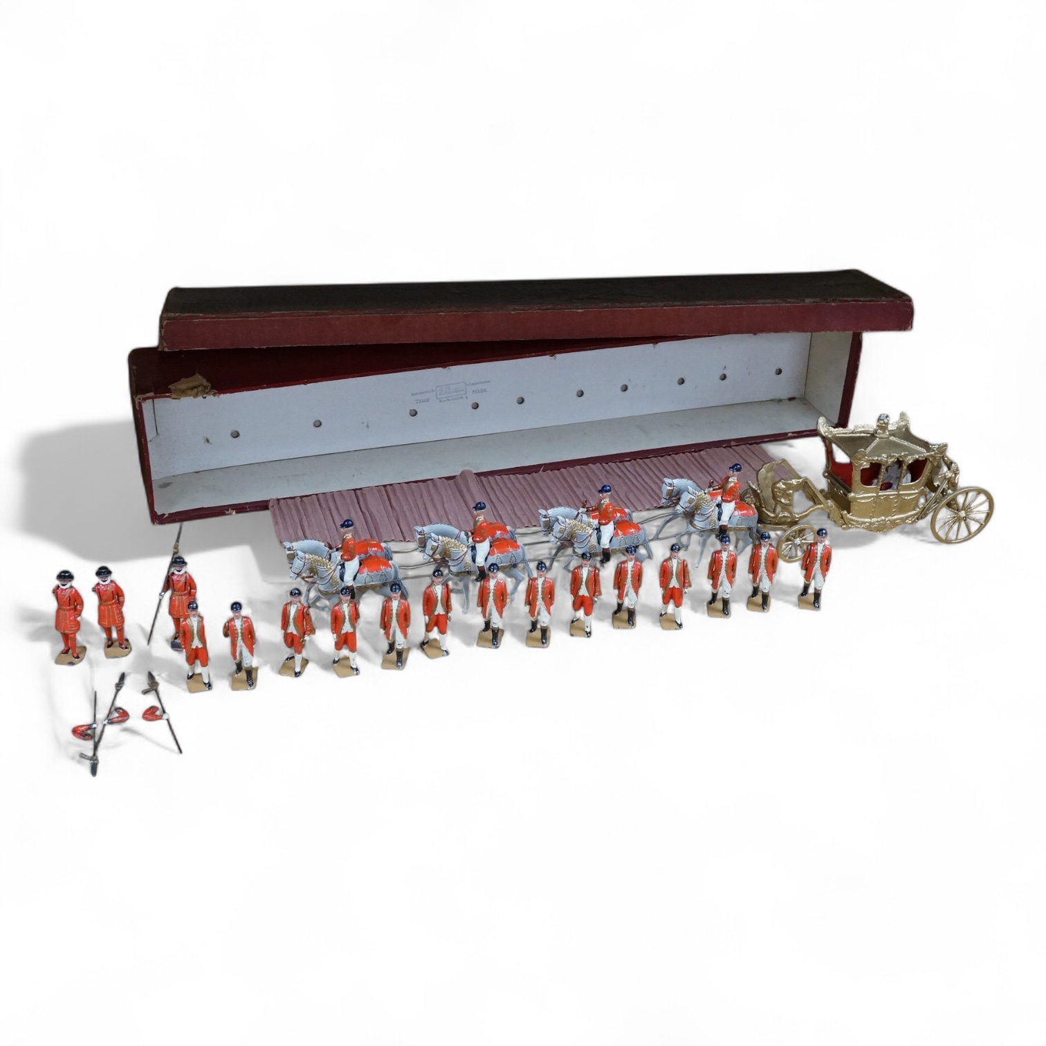 A boxed Britains No.1470 Coronation State Coach set (1937 version), pulled by eight Windsor Grey horses, with accompanying footman and Yeomen of the Guard, in the correct maroon card box with black and gold label. Condit